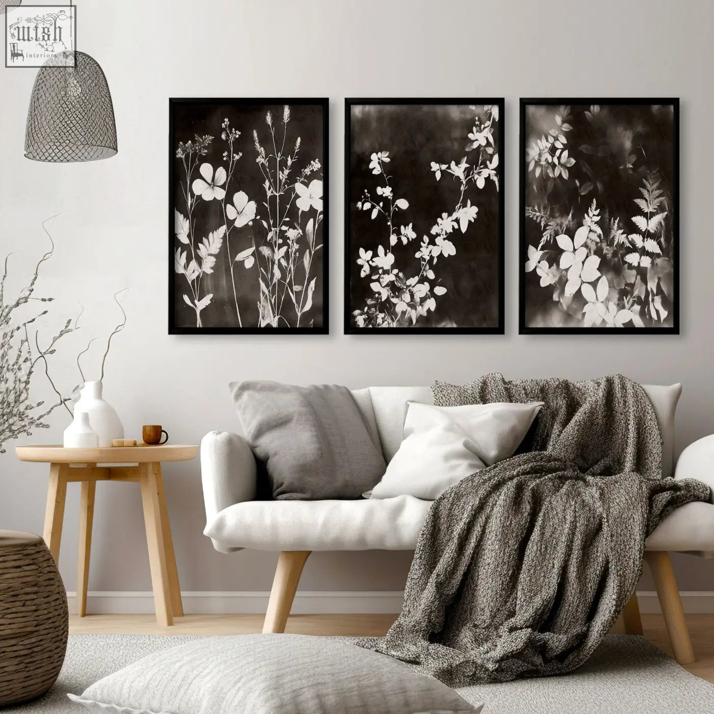 Three black-framed mink botanical dark floral wall art prints with white flowers for living room wall decor set of 3