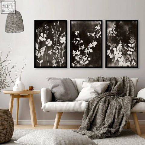 Three black-framed mink botanical dark floral wall art prints with white flowers for living room wall decor set of 3