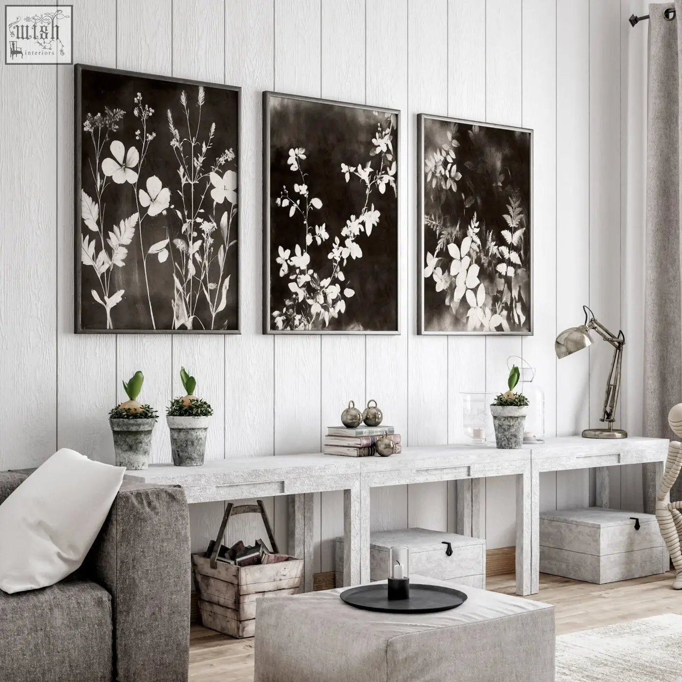 Three black-and-white floral botanical prints in dark frames perfect for living room wall art set of 3