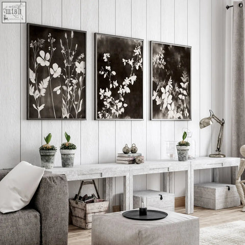 Three black-and-white floral botanical prints in dark frames perfect for living room wall art set of 3