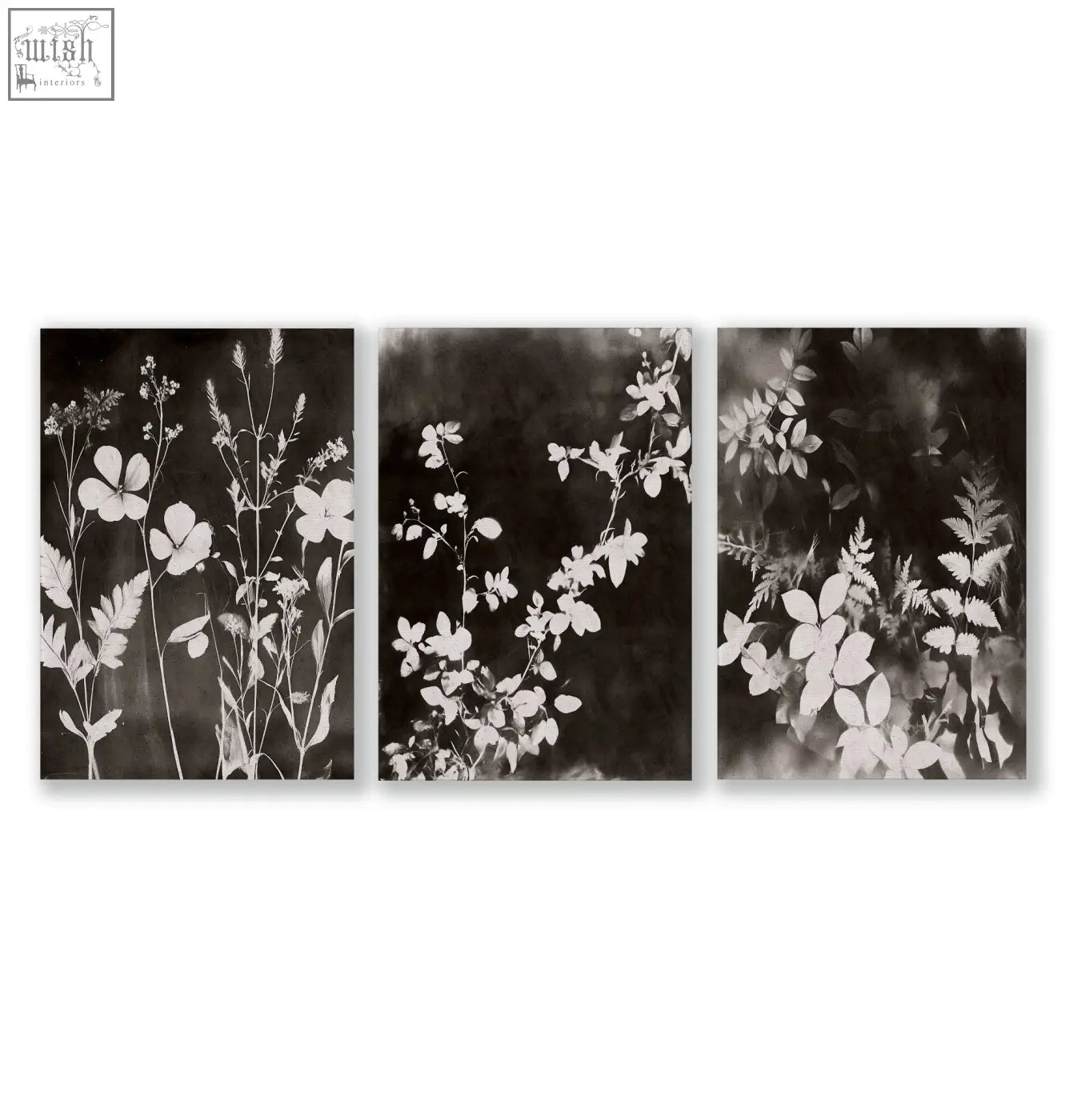 Set of 3 black and white botanical prints with delicate flowers perfect for living room wall dark floral art
