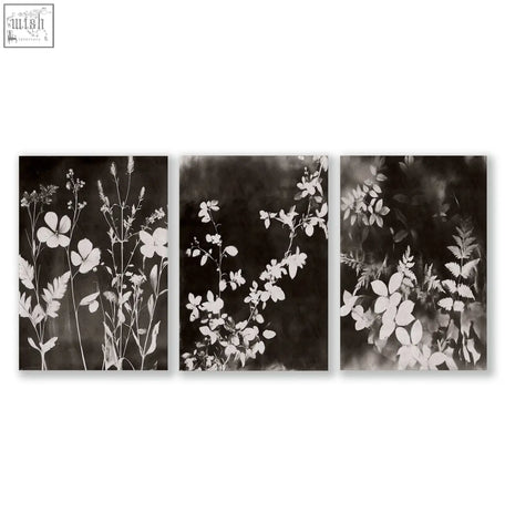 Set of 3 black and white botanical prints with delicate flowers perfect for living room wall dark floral art