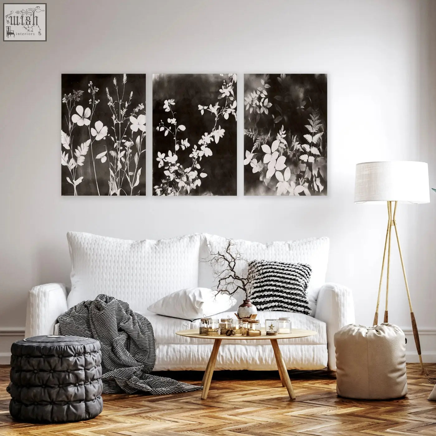 Three-panel black-and-white botanical wall art with white flowers on dark background perfect for living room wall decor