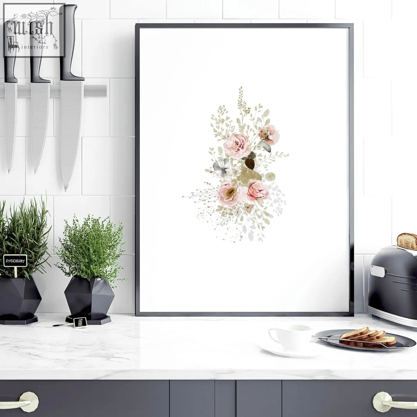 A framed shabby chic wall art print with soft pink roses and greenery on white background perfect for kitchen decor