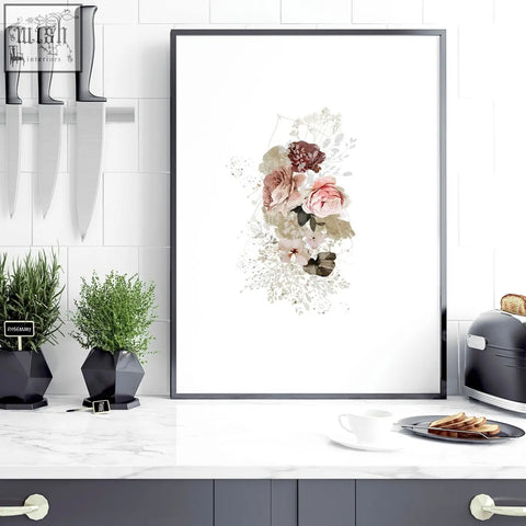 A framed shabby chic wall art print featuring soft pink mauve and cream floral blossoms for kitchen decor