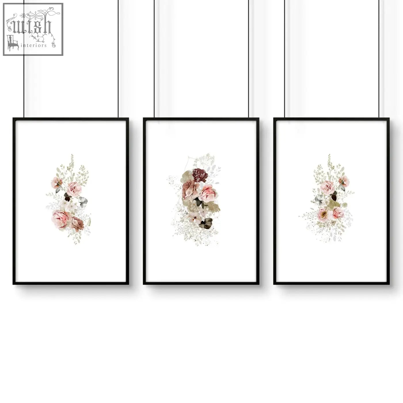 Three black-framed shabby chic wall art prints featuring soft pink watercolor floral designs perfect for kitchen decor