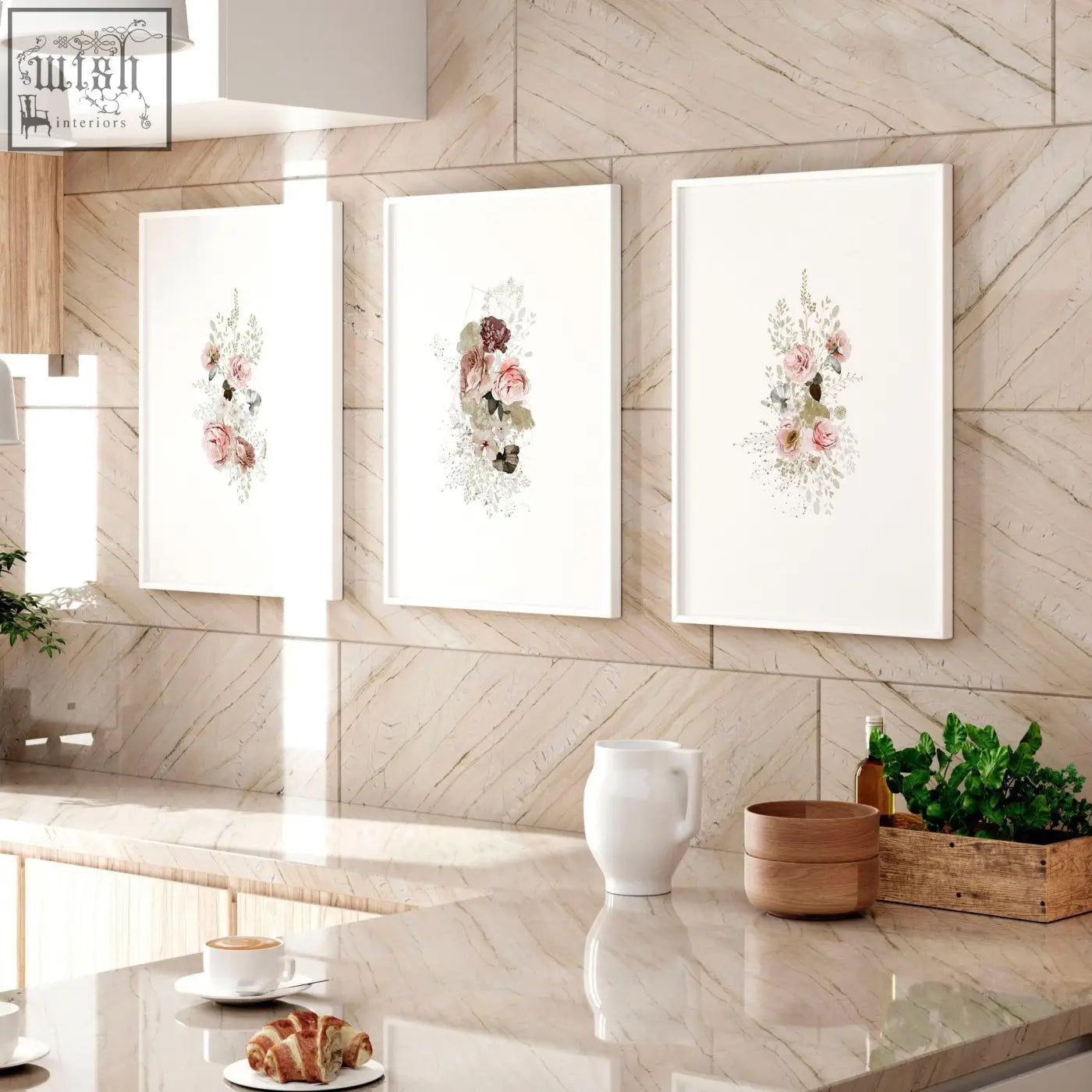 Three shabby chic wall art prints featuring soft pink floral designs in white frames perfect for kitchen decor