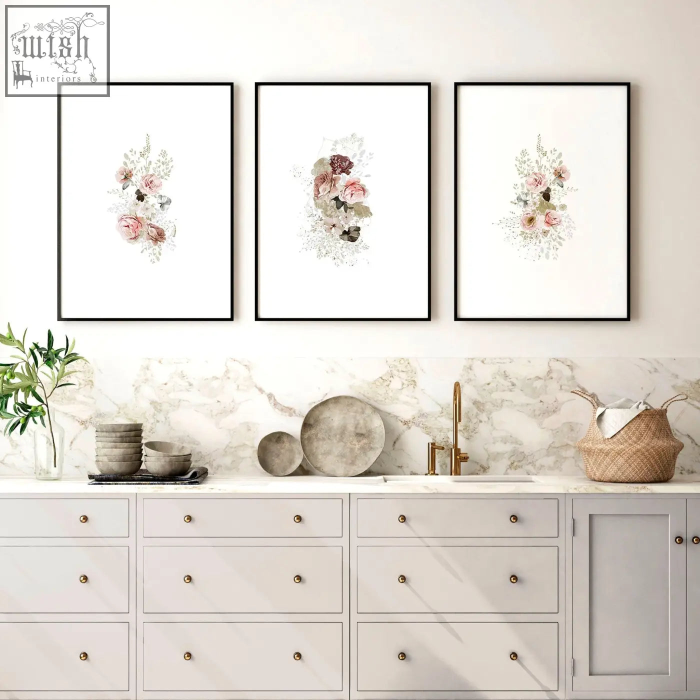Three shabby chic wall art prints with delicate pink and green watercolor floral designs for kitchen decor