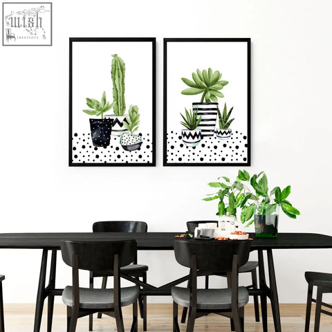 Black-framed wall art prints featuring watercolor cacti and succulents in patterned pots for kitchen wall decor