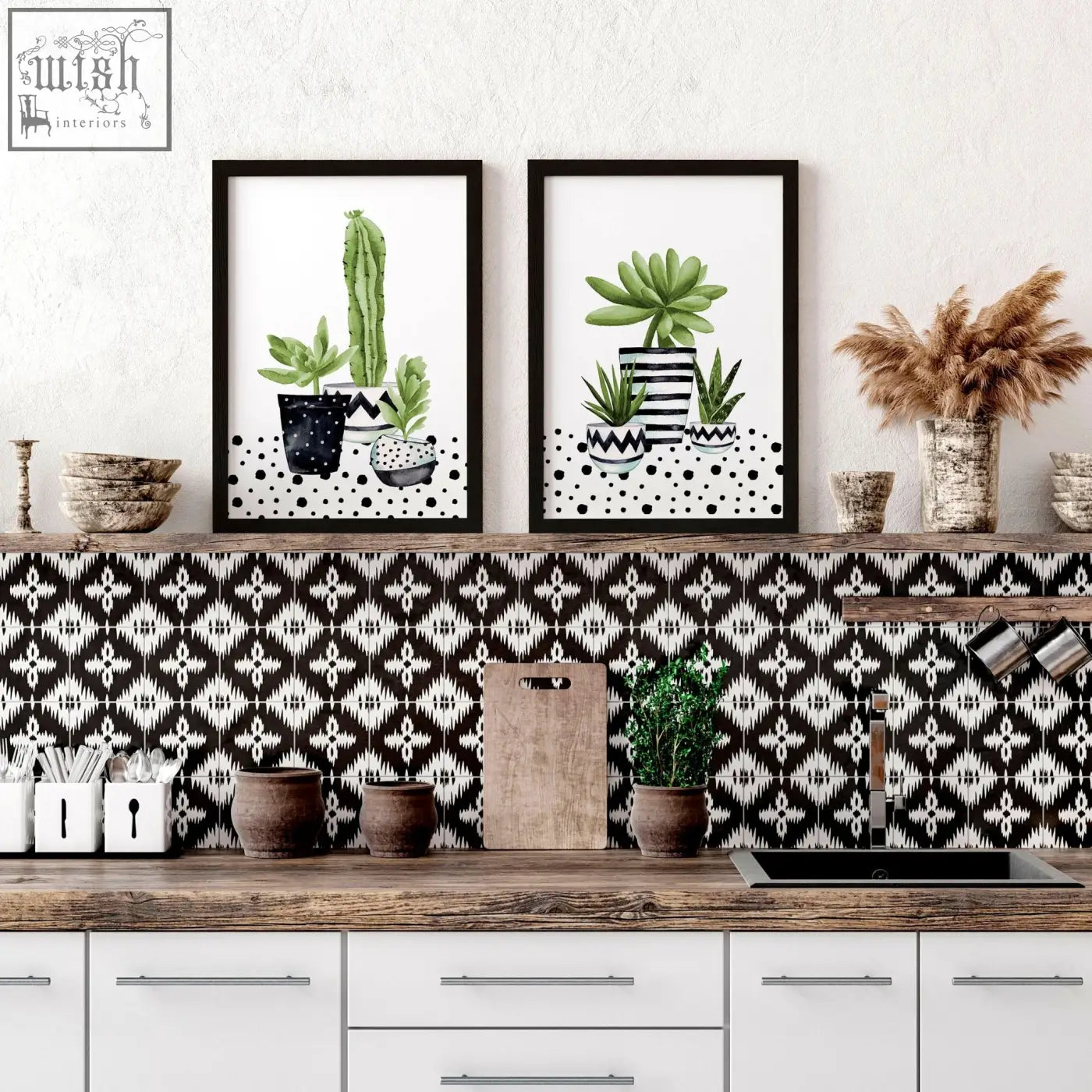 Black-framed wall art prints of watercolor cacti and succulents in patterned pots perfect for kitchen decor