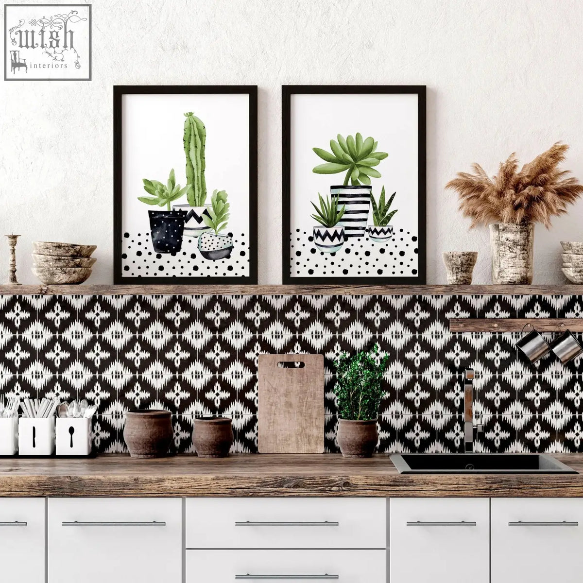 Black-framed wall art prints of watercolor cacti and succulents in patterned pots perfect for kitchen decor