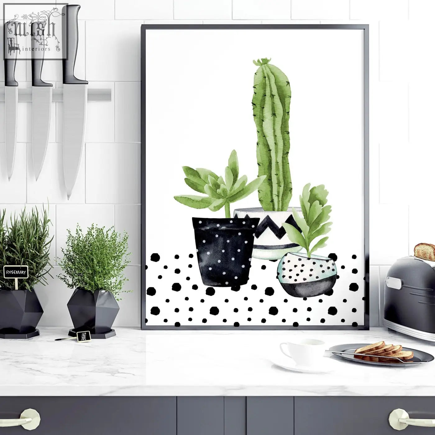 Black-framed wall art prints featuring green cactus and succulents in patterned pots for kitchen decor
