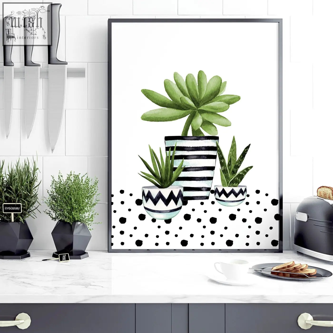 Black and white striped ceramic planter with green succulent in set of 2 art prints wall art for the kitchen wall