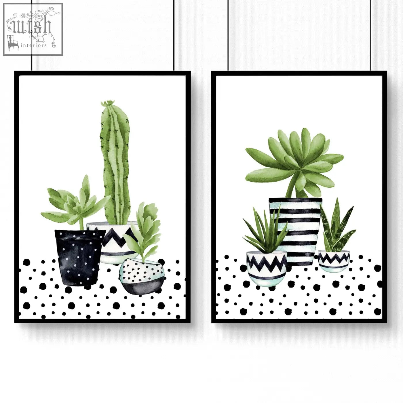 Set of 2 black and white watercolor art prints featuring illustrated cacti and succulents for kitchen wall art