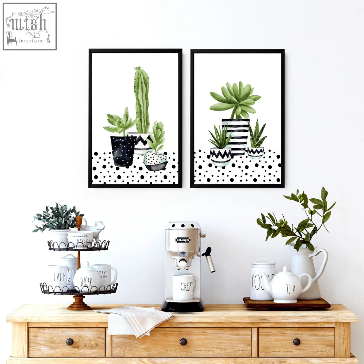 Silver delonghi espresso machine with black base and chrome accents featured in set of 2 wall art prints for kitchen wall