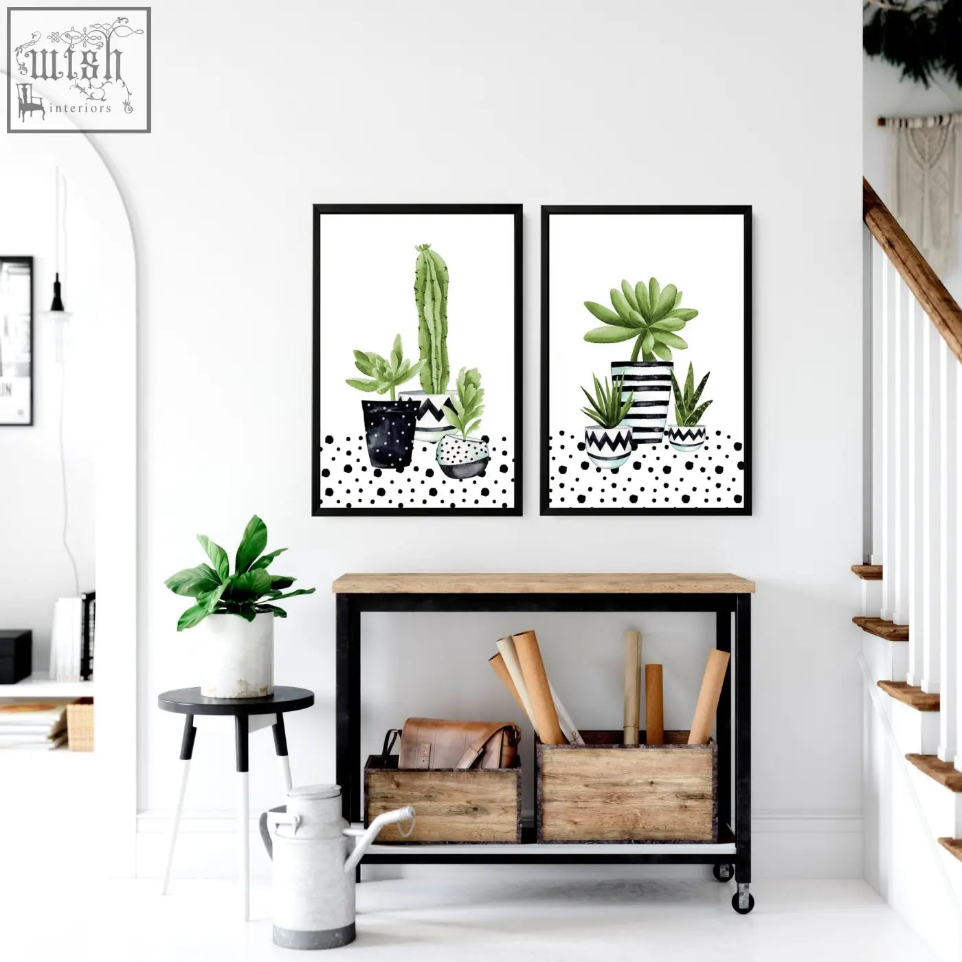 Two framed watercolor-style cactus art prints in patterned pots with black polka dot background perfect for kitchen wall art