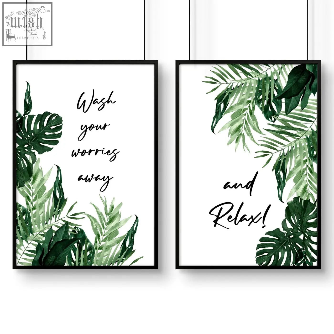 Set of 2 wall art prints with black frames featuring green tropical leaves and relaxing phrases perfect for bathroom decor