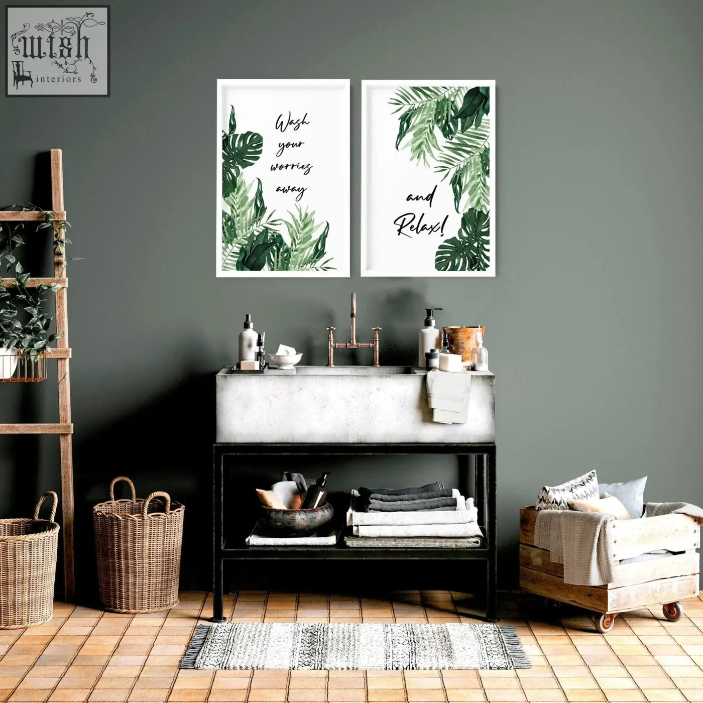 White concrete sink with black metal frame and copper faucet featured in art bathroom wall art prints set