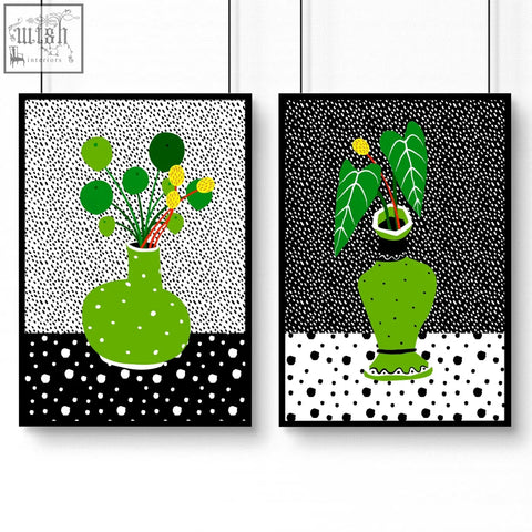 Green ceramic vase with dotted pattern and scalloped base featured in art in the kitchen wall art poster prints