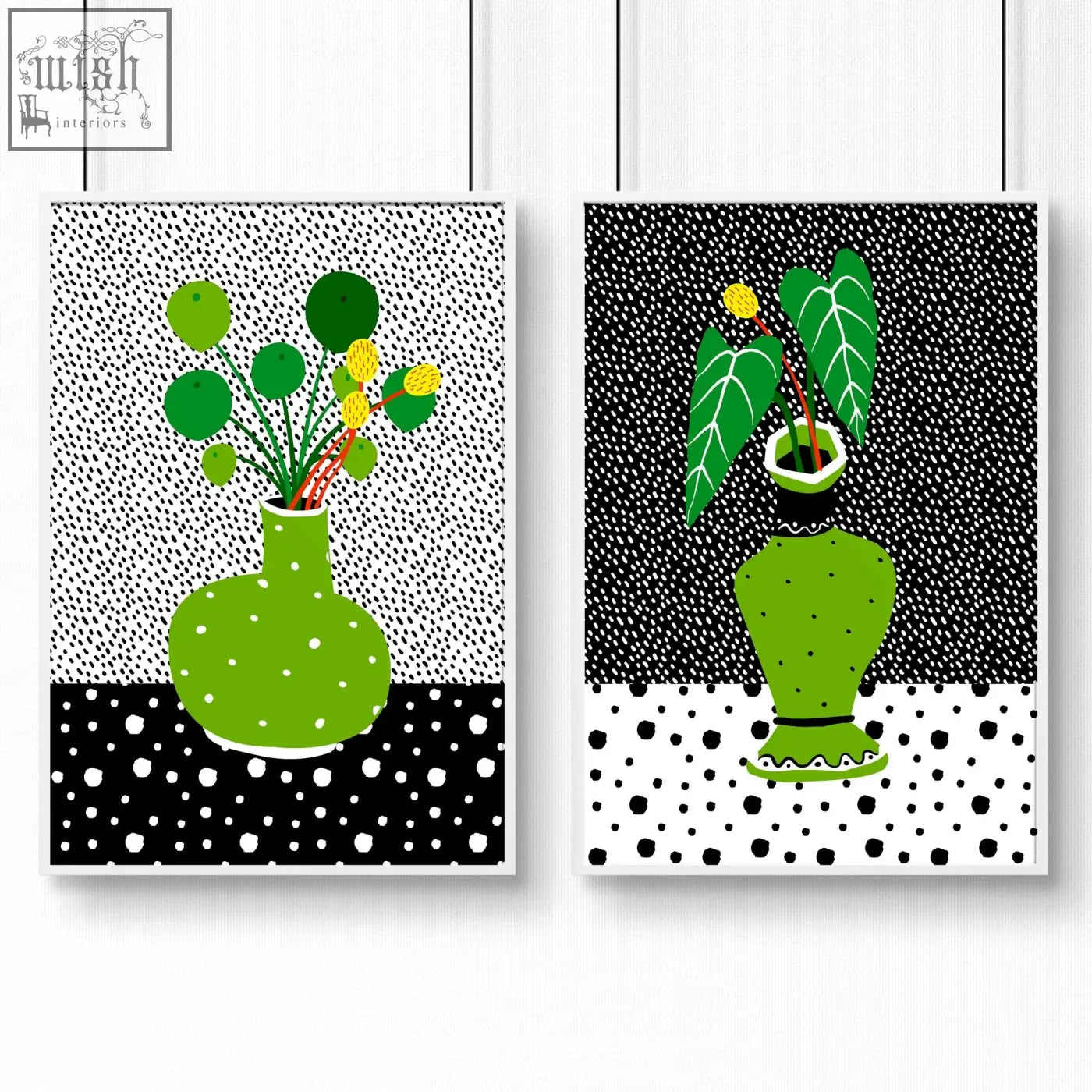 Green dotted ceramic vases with leafy plants in stylized illustrations wall art poster prints set of 2