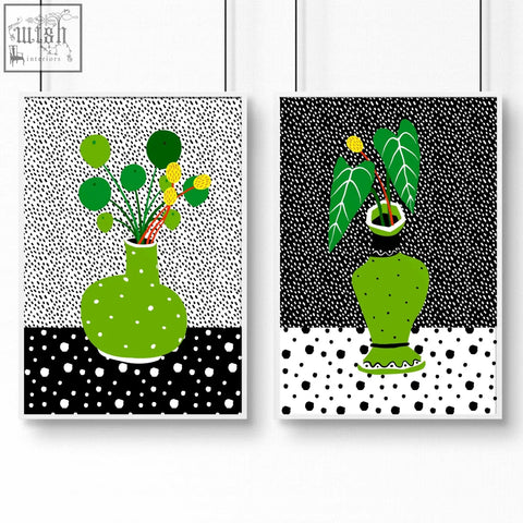 Green dotted ceramic vases with leafy plants in stylized illustrations wall art poster prints set of 2