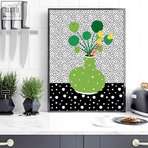 Green dotted vase with stylized green and yellow flowers wall art poster prints perfect kitchen decor set of 2