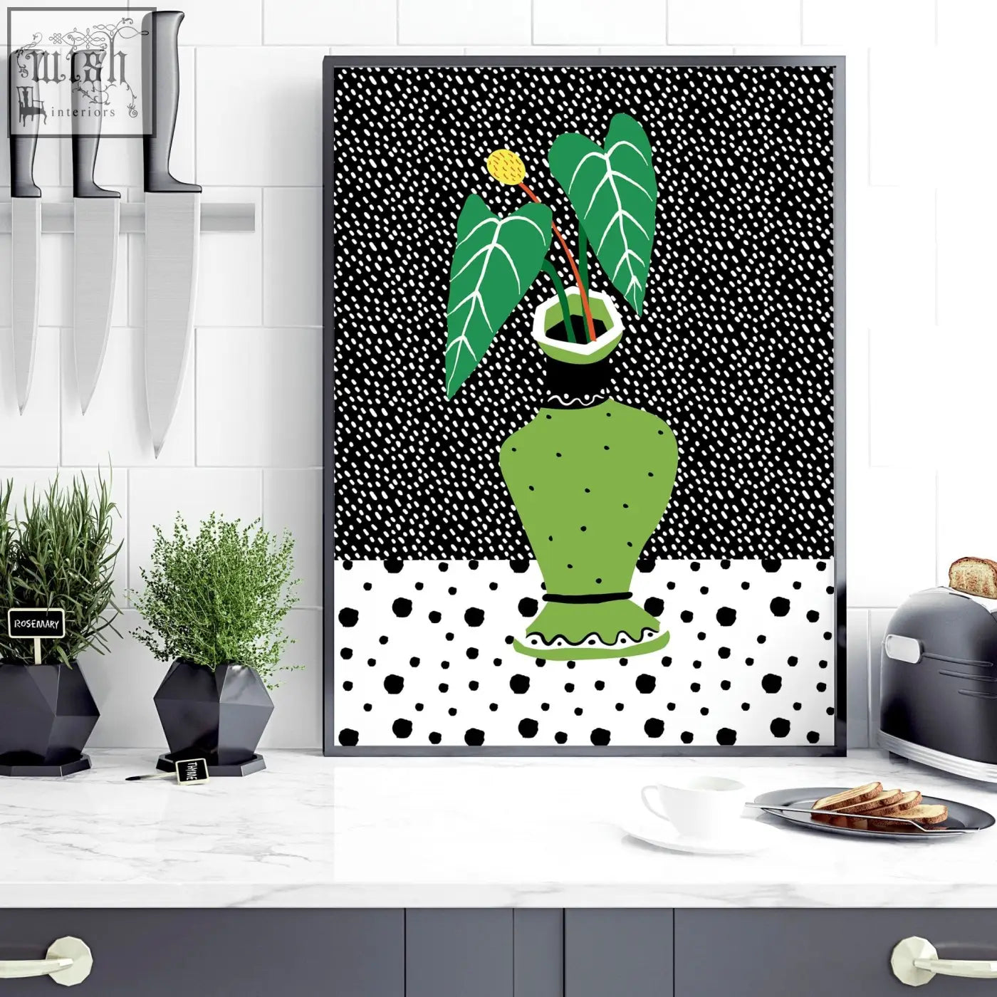 Green polka-dotted vase with stylized plant illustration wall art poster print for kitchen decor set of 2