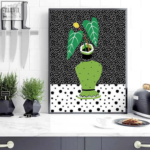 Green polka-dotted vase with stylized plant illustration wall art poster print for kitchen decor set of 2