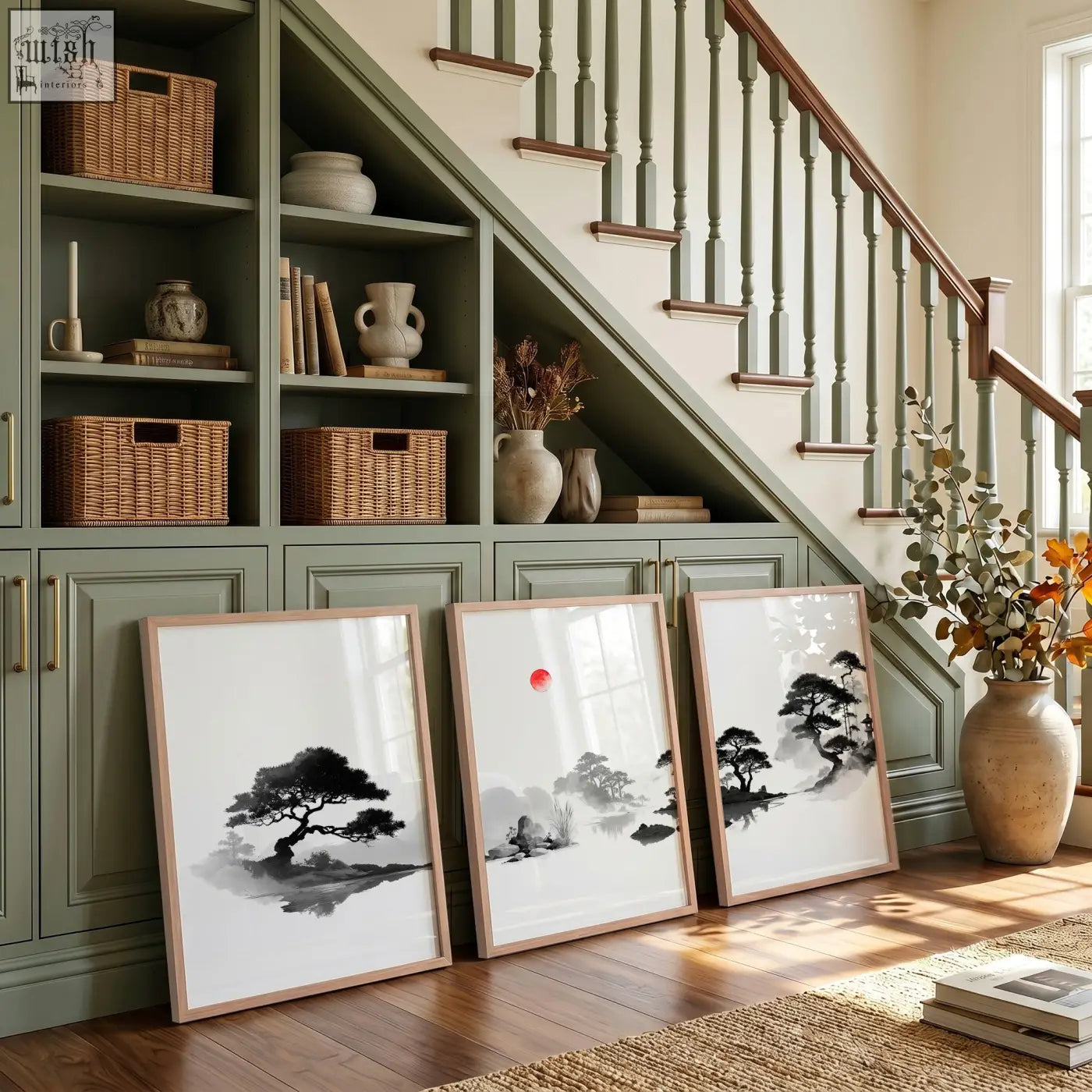 Three framed black and white japanese ink wash art landscape painting prints with red sun leaning against green cabinet