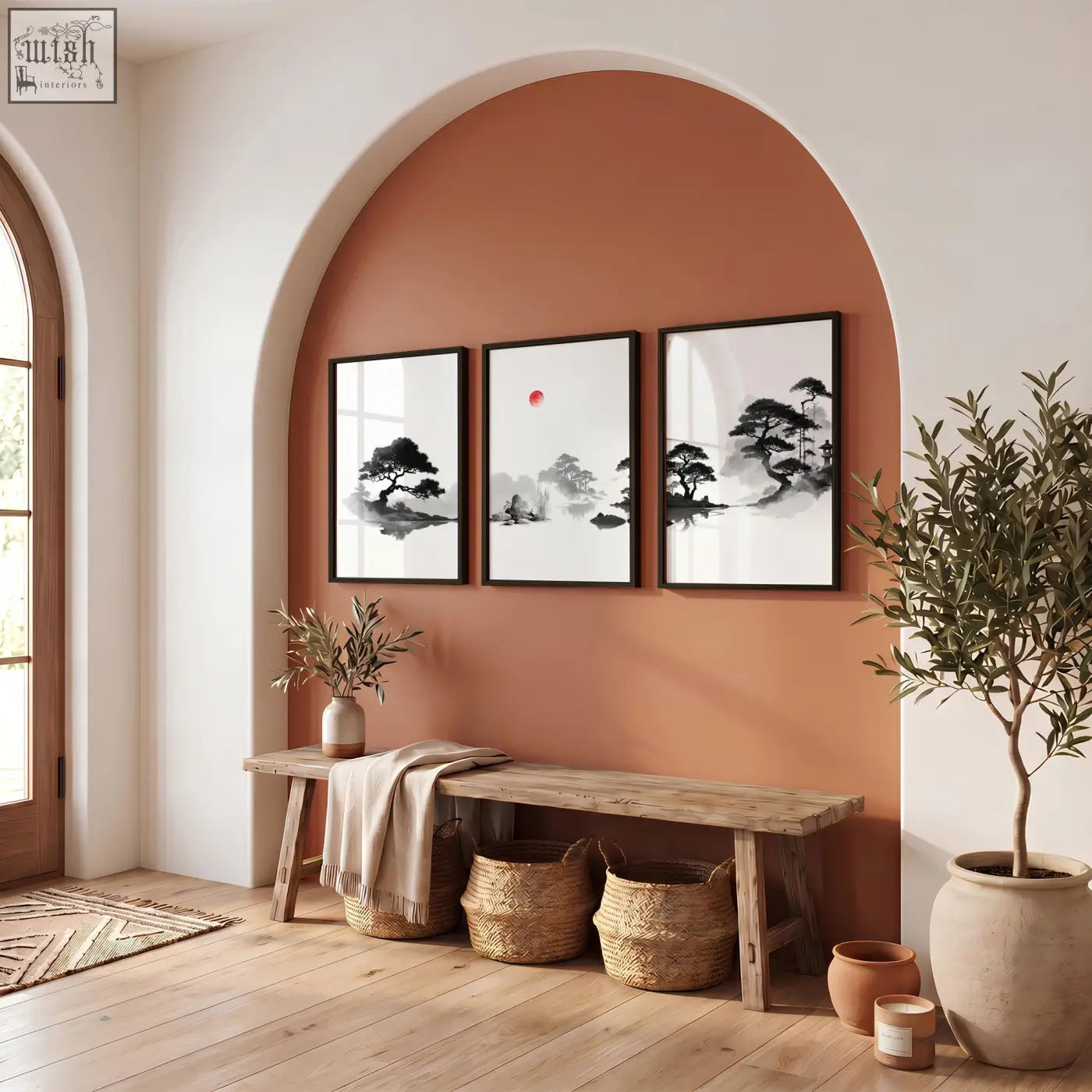Three framed black and white japanese ink wash art landscape paintings featuring minimalist trees and mountains in sleek black frames