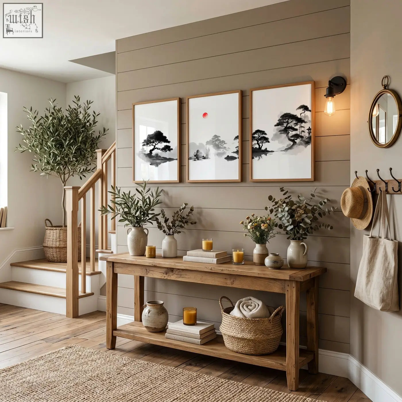 Rustic wooden console table with shelves holding vases books candles and basket below art landscape painting set of 3