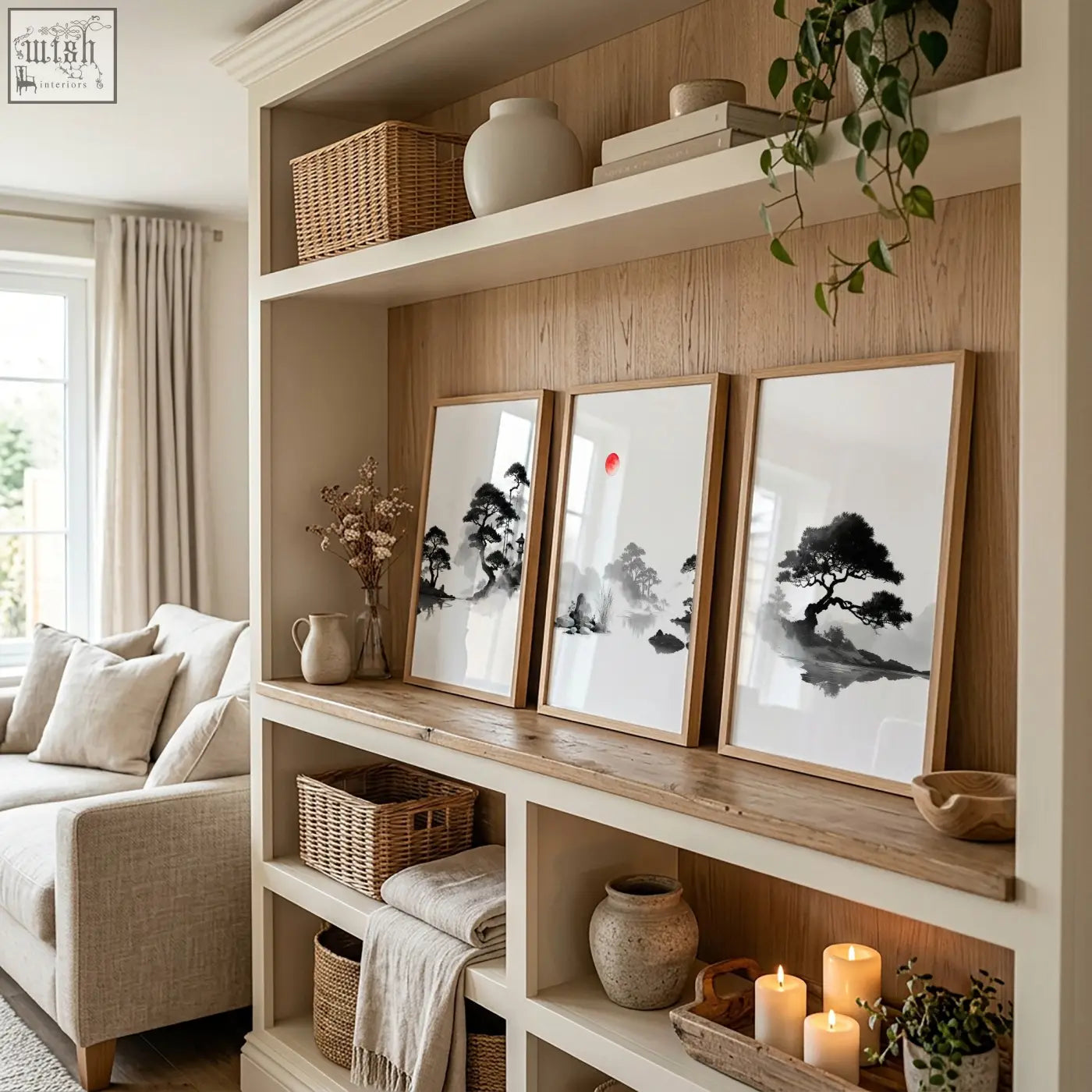 Three black and white art landscape paintings with red sun in minimalist wooden frames on a rustic shelf