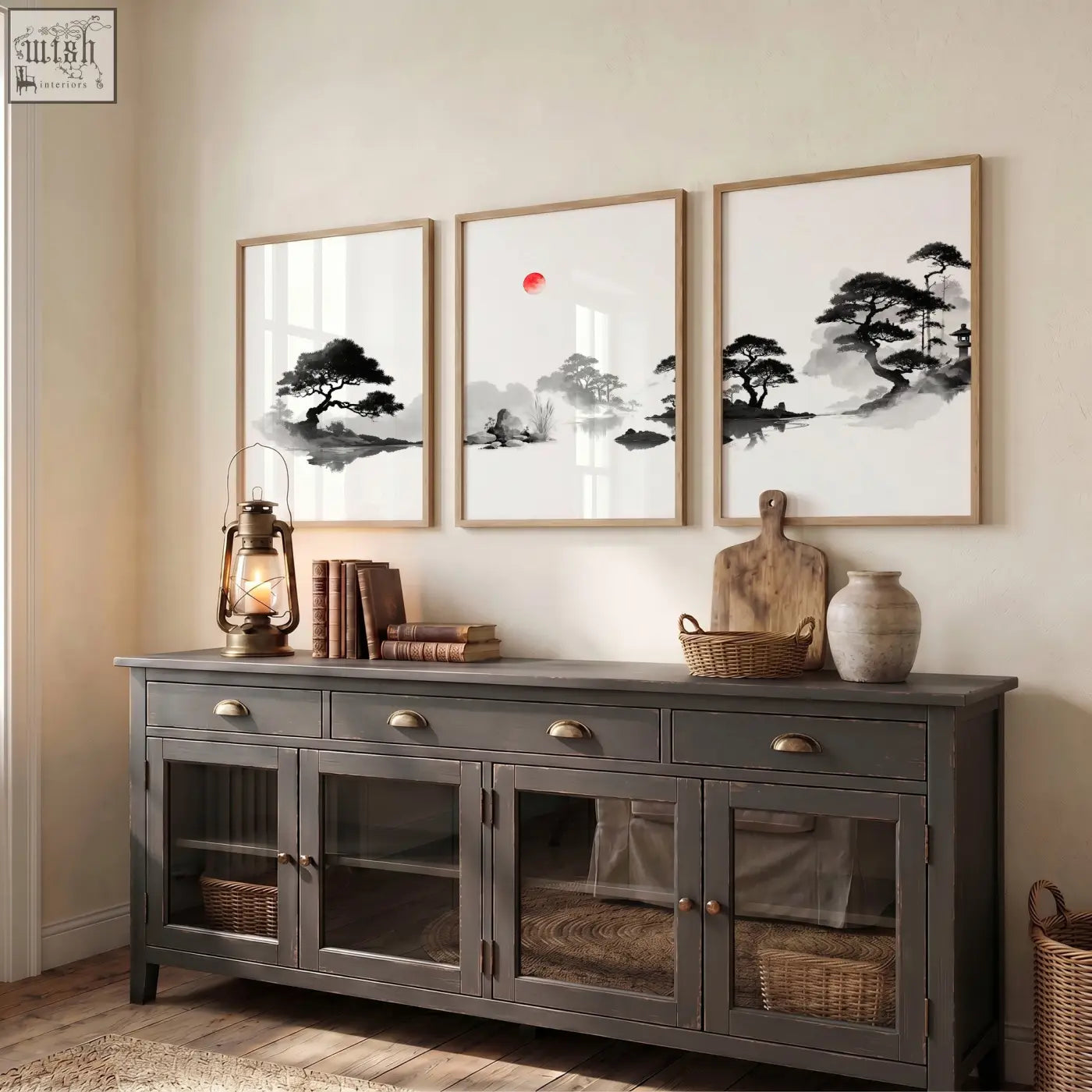 Dark gray wooden sideboard with glass-paneled doors and brass handles perfect for displaying art landscape paintings in zen style