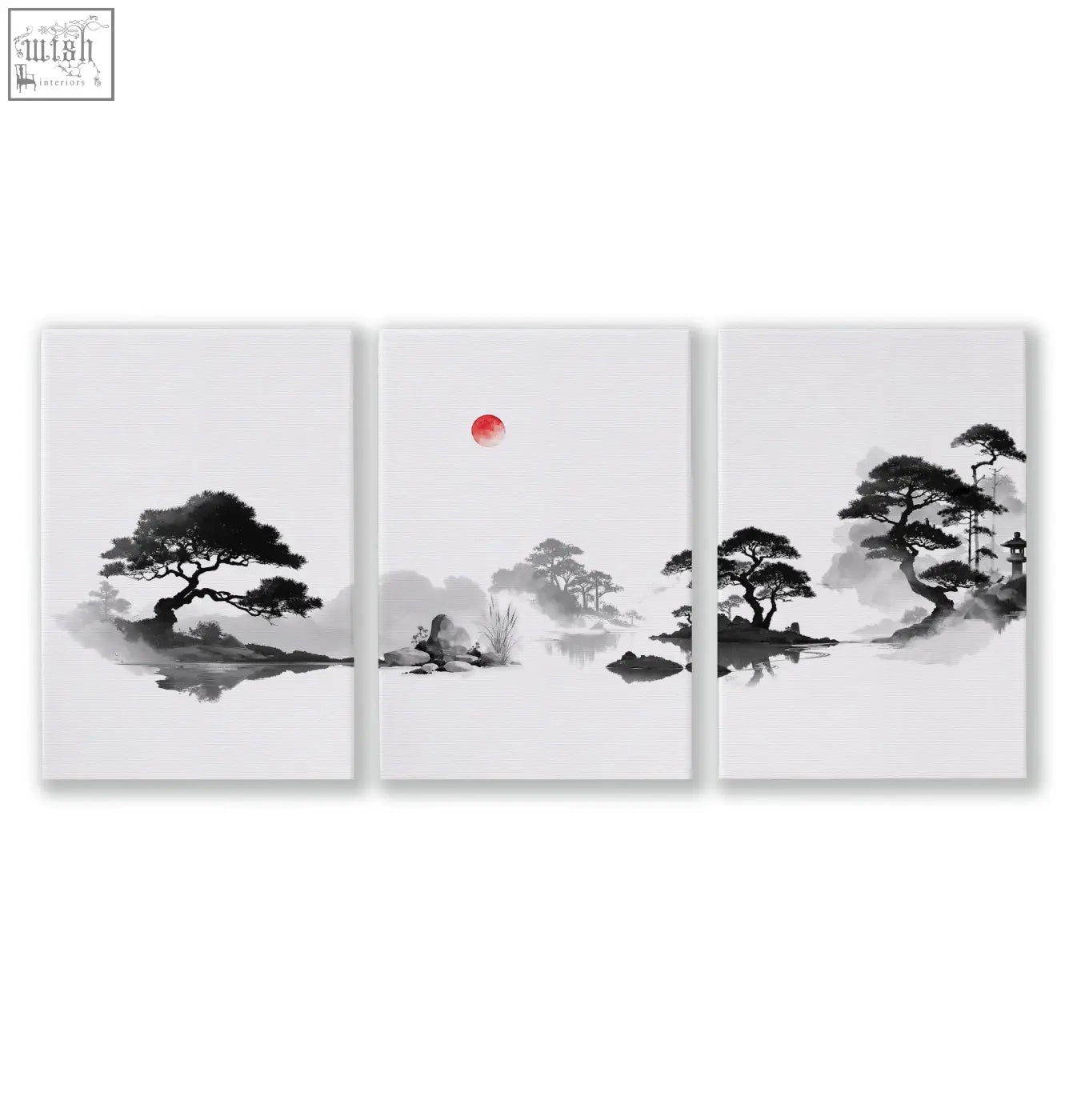 Three-panel art landscape painting with minimalist black and white ink wash trees misty mountains and red sun zen style