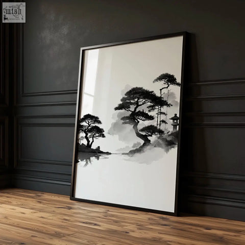 Black-framed minimalist art landscape painting featuring Japanese ink wash pine trees pagoda and red sun set of 3