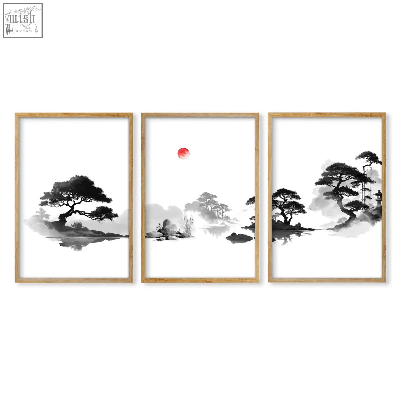 Set of 3 minimalist art landscape painting prints in black white with red sun in light wood frames japanese ink wash style