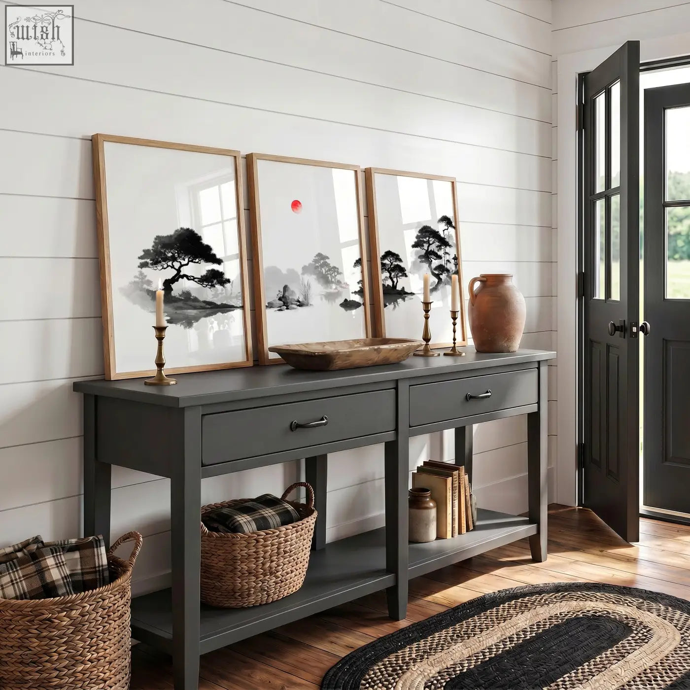 Dark gray console table with rustic wood top and drawers below art landscape painting in japanese ink wash style set of 3