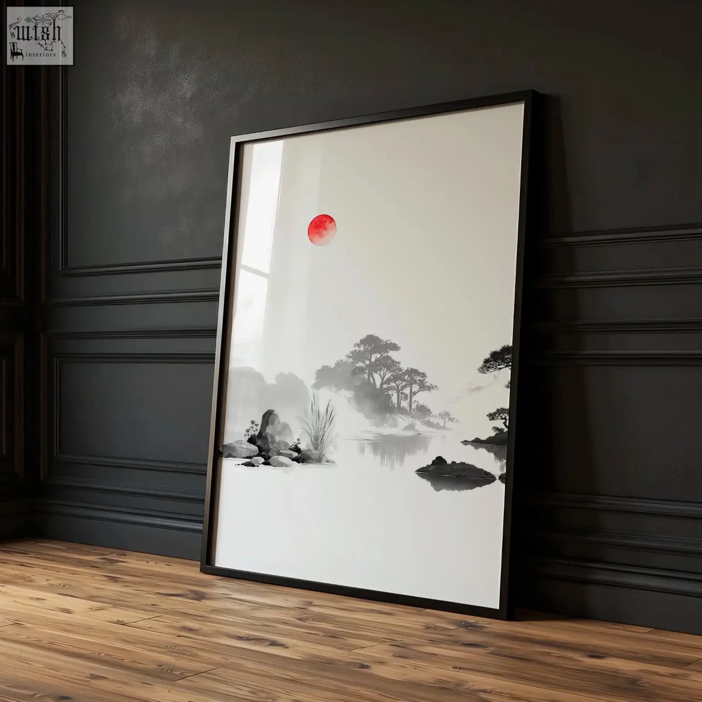 Black-framed art landscape painting with a red sun and misty ink wash trees in japanese ink wash style set of 3