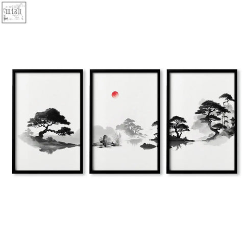 Set of three black-framed art landscape paintings featuring minimalist japanese ink wash with red sun and misty reflections