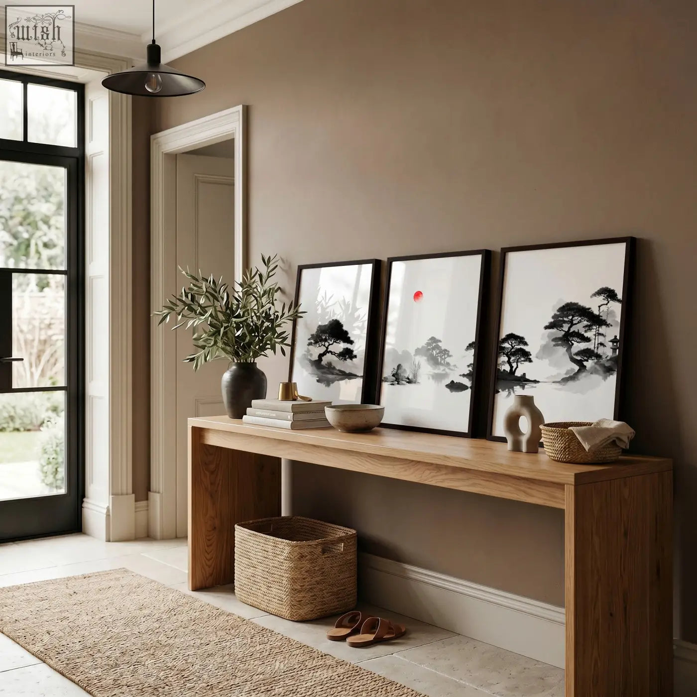 Three framed black and white japanese ink wash art landscape paintings with minimalist tree and mountain designs set of 3