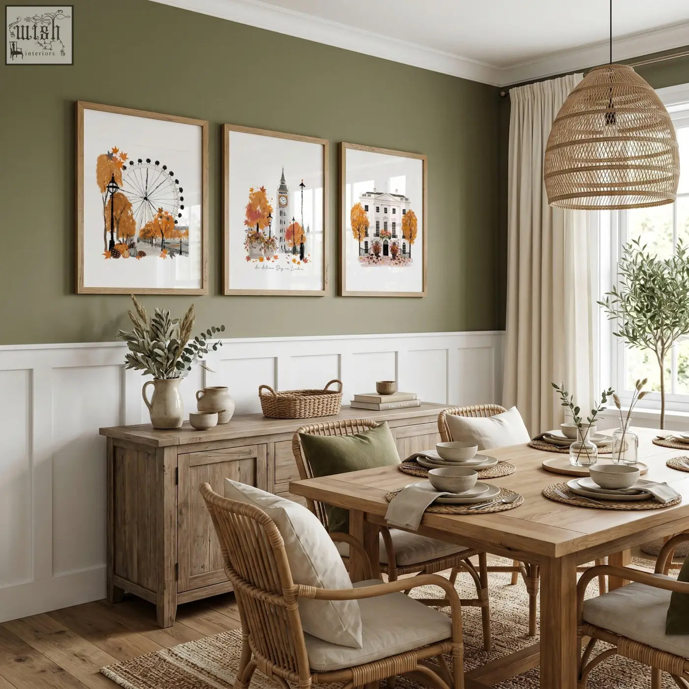 Three framed autumn-themed art london skyline prints in white and orange perfect for dining room wall decor