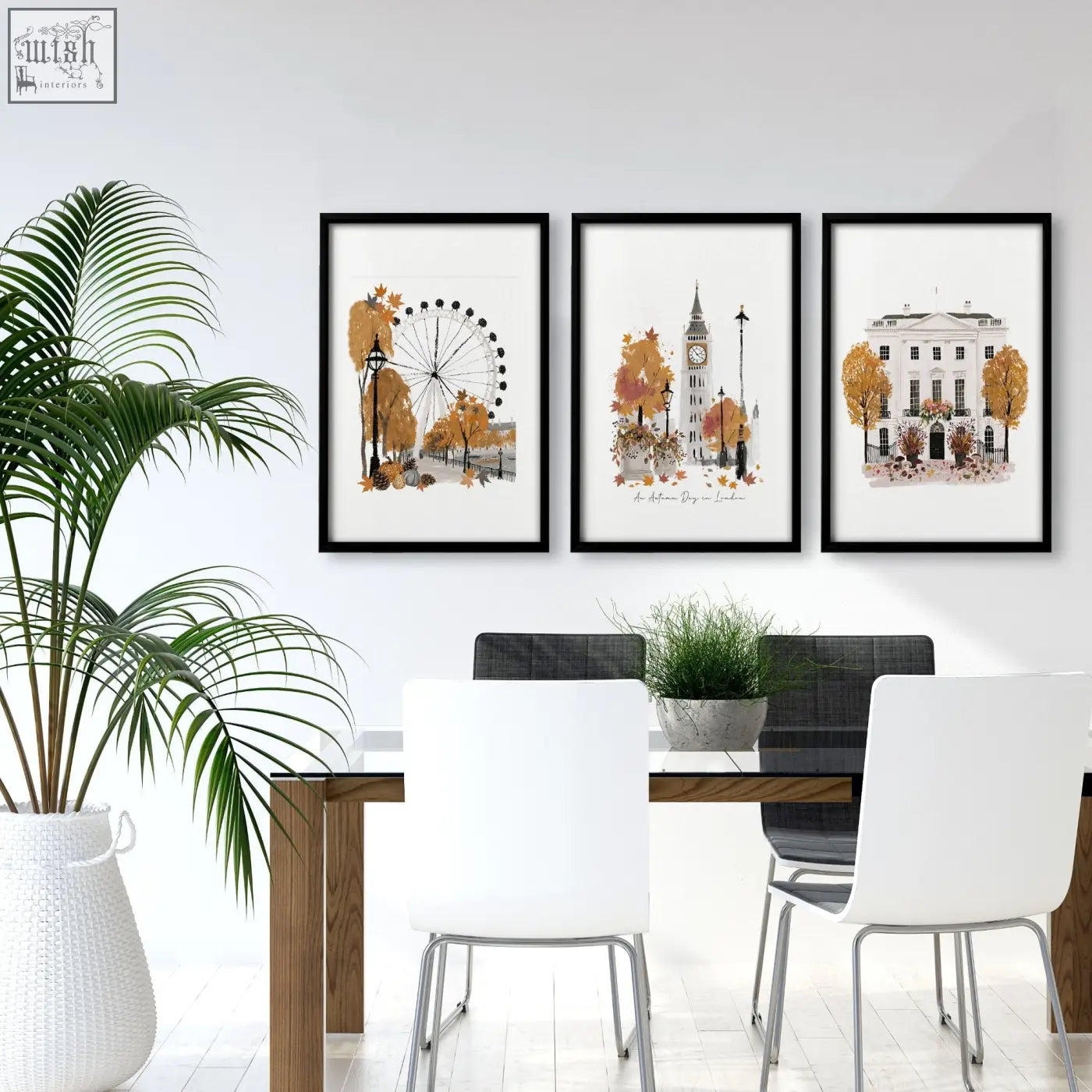 Three framed art london skyline watercolor prints in autumn colors perfect for dining room wall decor set of 3