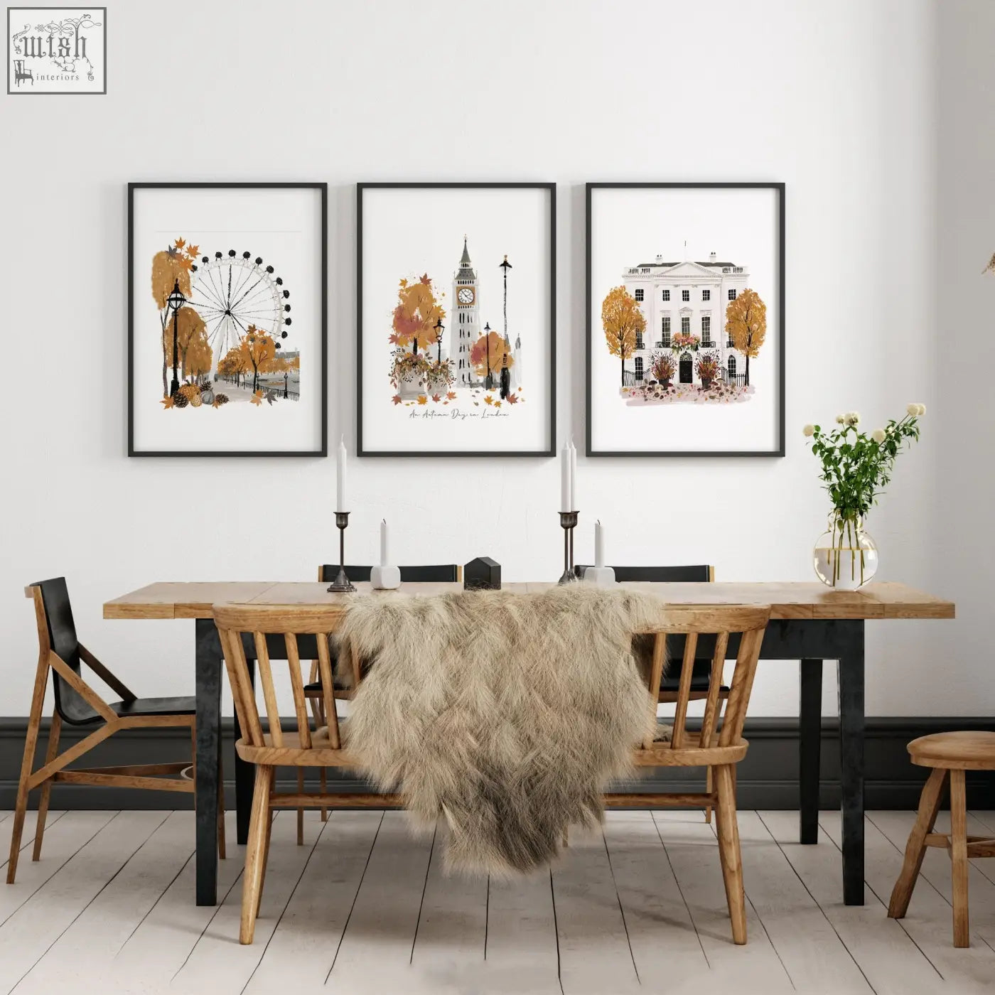 Three black framed art london skyline watercolor prints in autumn colors perfect for a dining room wall display