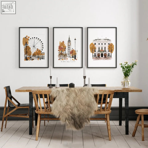 Three black framed art london skyline watercolor prints in autumn colors perfect for a dining room wall display