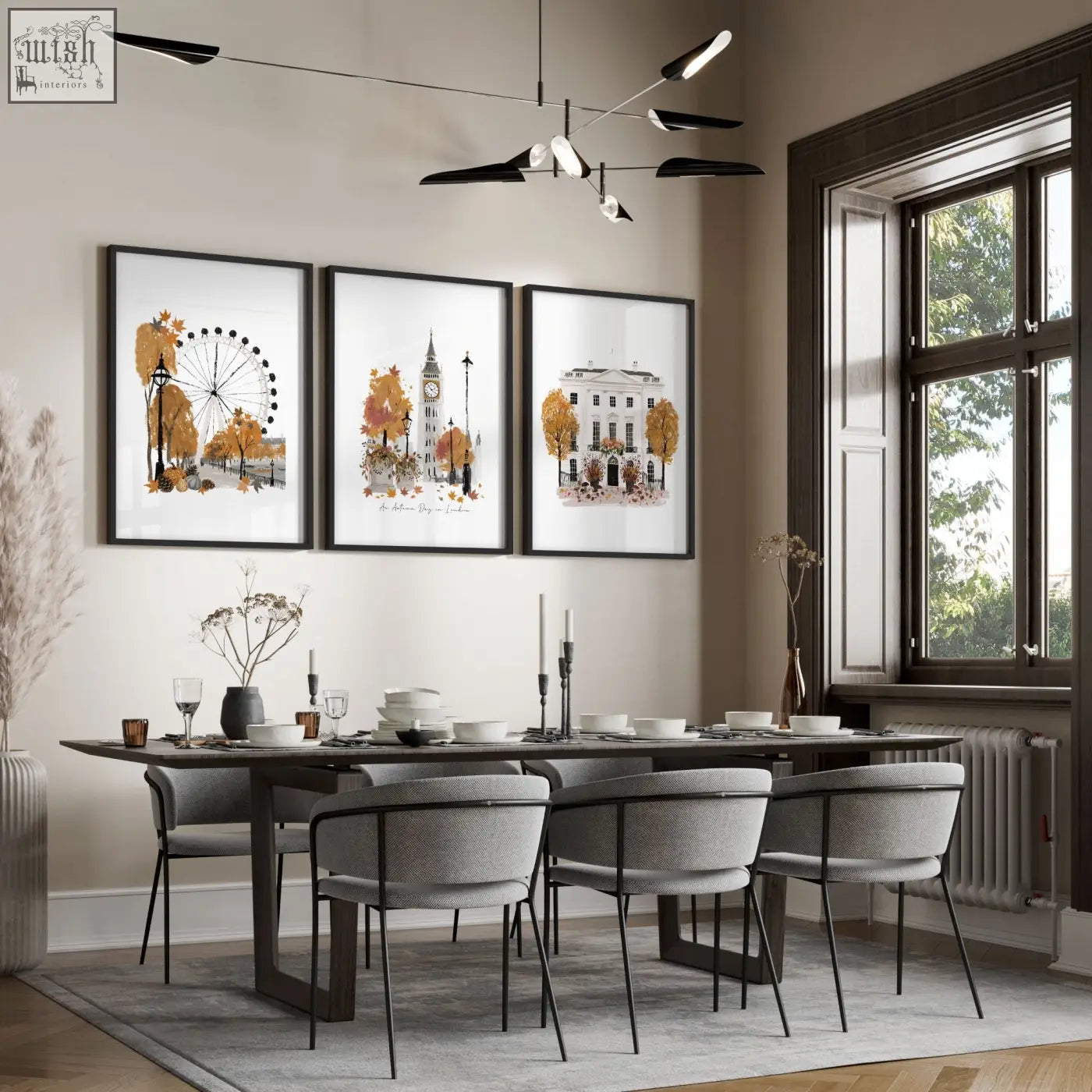 Three black framed autumnal london skyline art prints with white and orange watercolor for dining room wall decor