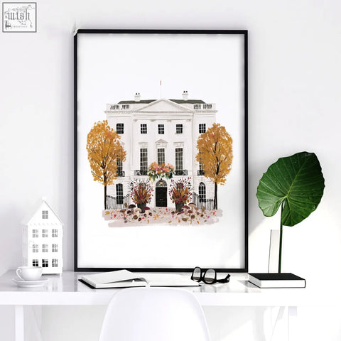 Black-framed white and orange watercolor art london skyline print of white house with autumn trees for dining room wall decor