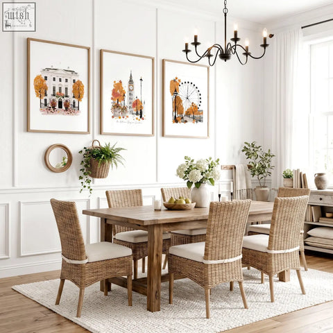 Woven wicker dining chairs with cream cushioned seats in a dining room featuring art london skyline wall art prints