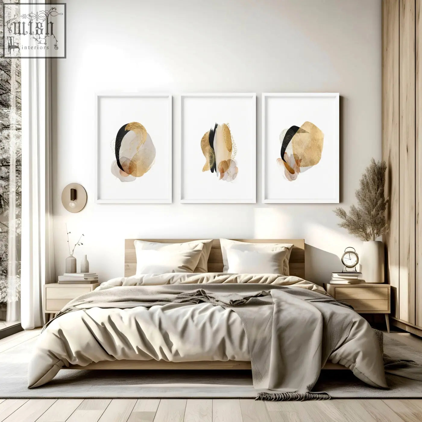 Three framed abstract art prints with gold black and beige watercolor splashes perfect for modern bedroom decor