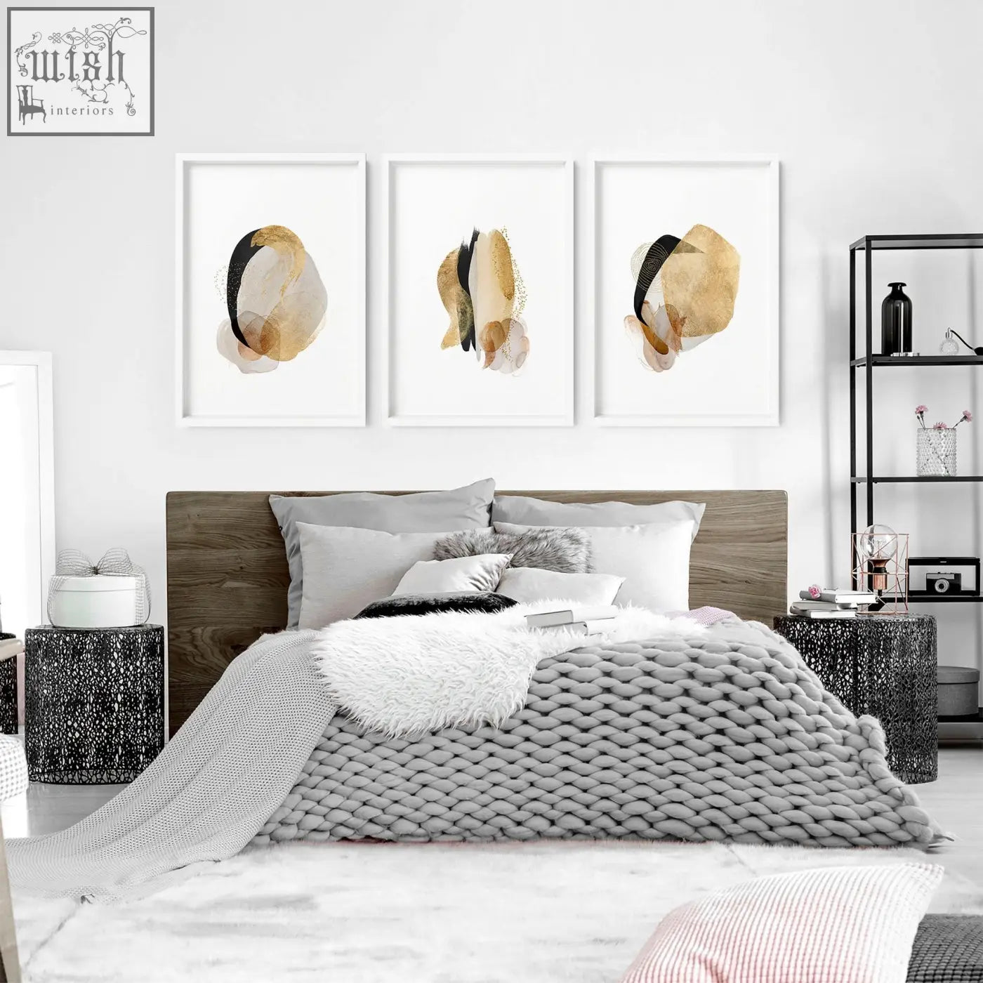 Three framed abstract art prints with soft gold and black brushstrokes on white perfect for modern bedroom decor