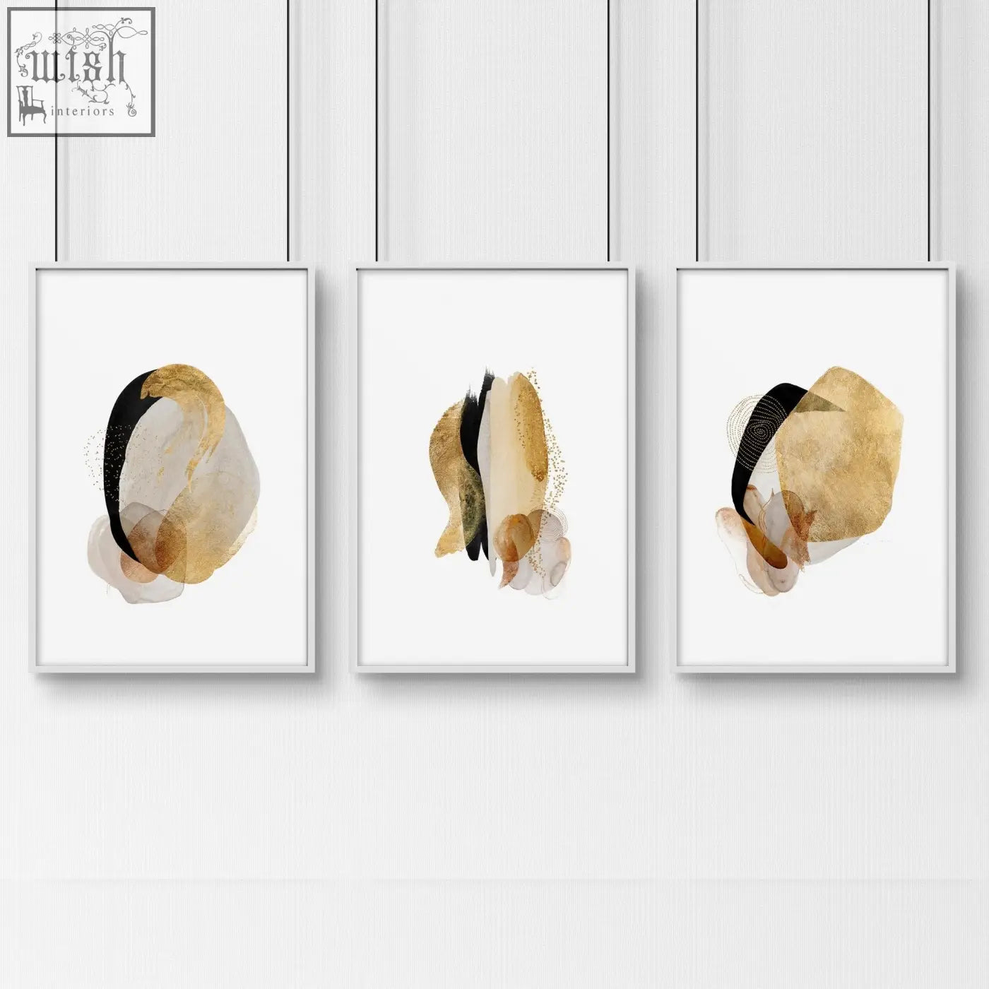 Set of 3 abstract art prints with gold black and beige watercolor splashes in white frames for modern bedroom decor